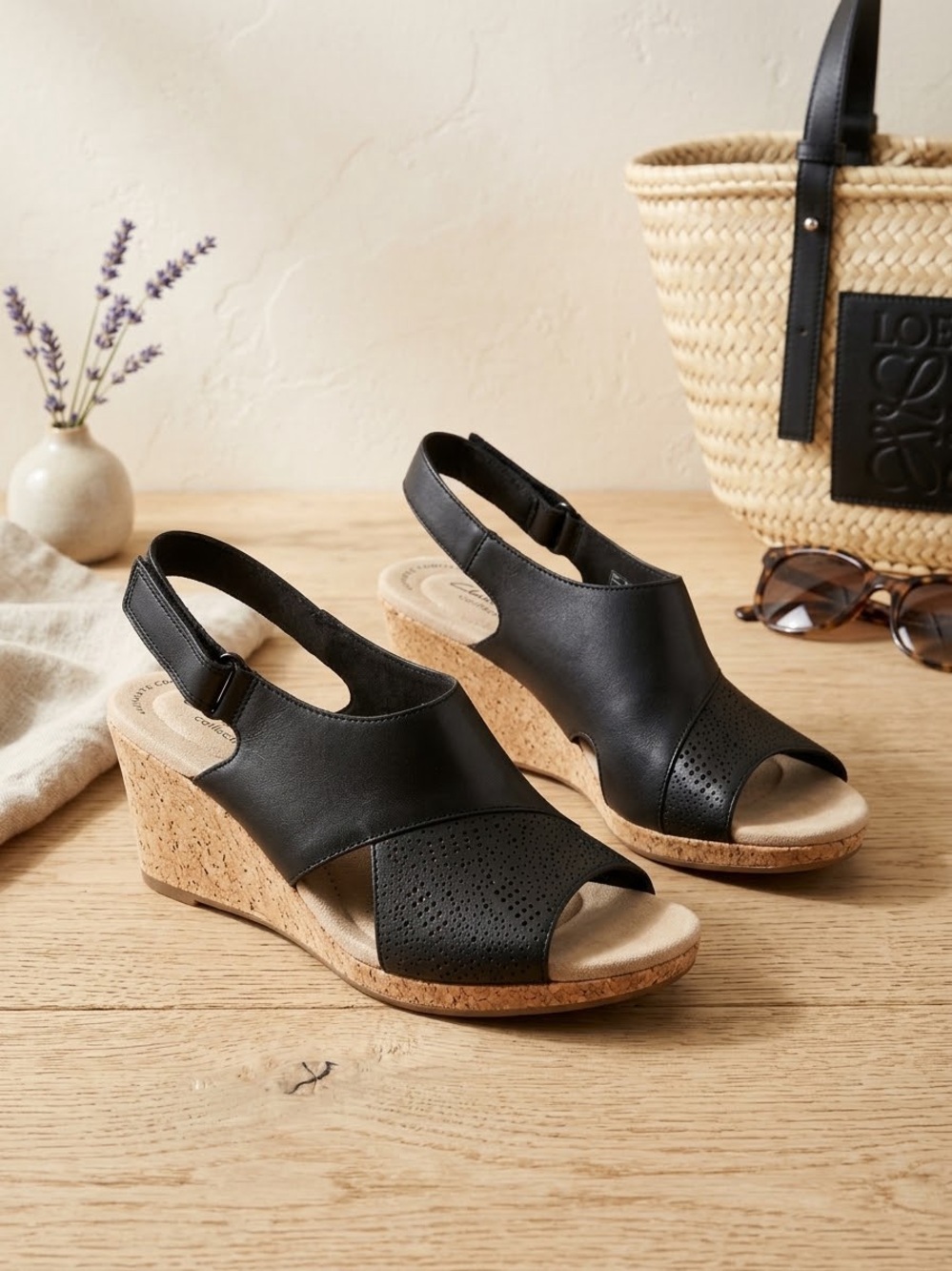Clarks Black Leather Cork Wedge Slingback Sandals